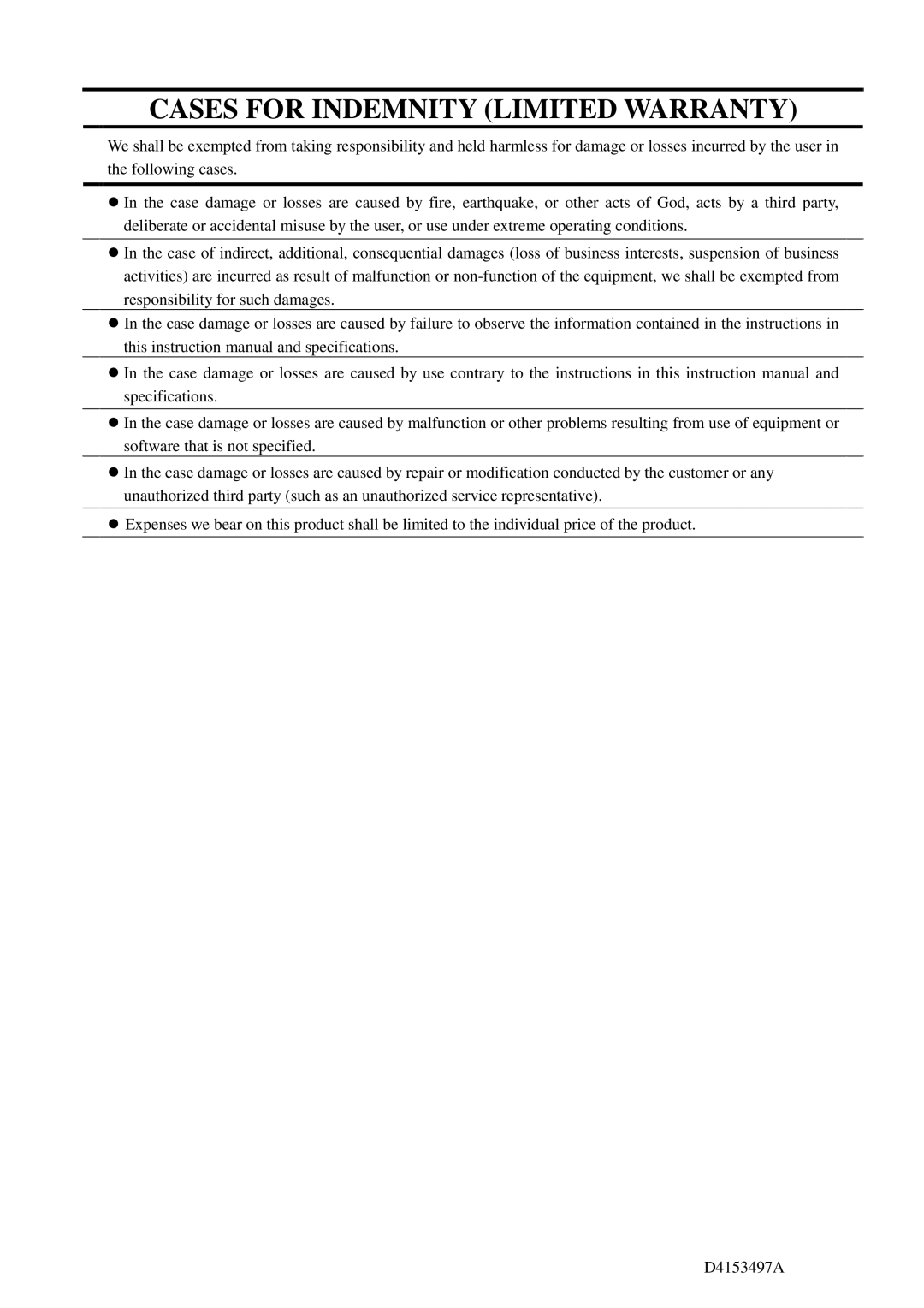 Toshiba CSGX36CC3, CSGV90CC3, CSGU15CC18, CSGS20CC2, CGSV90CC3 instruction manual Cases for Indemnity Limited Warranty 