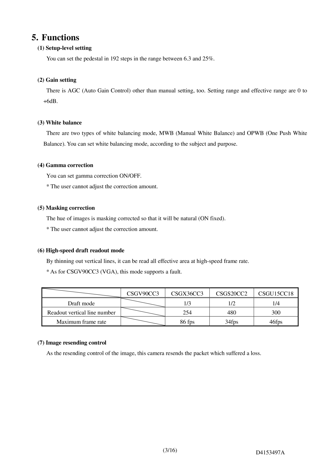 Toshiba CSGV90CC3, CSGX36CC3 Setup-level setting, Gain setting, White balance, Gamma correction, Masking correction 