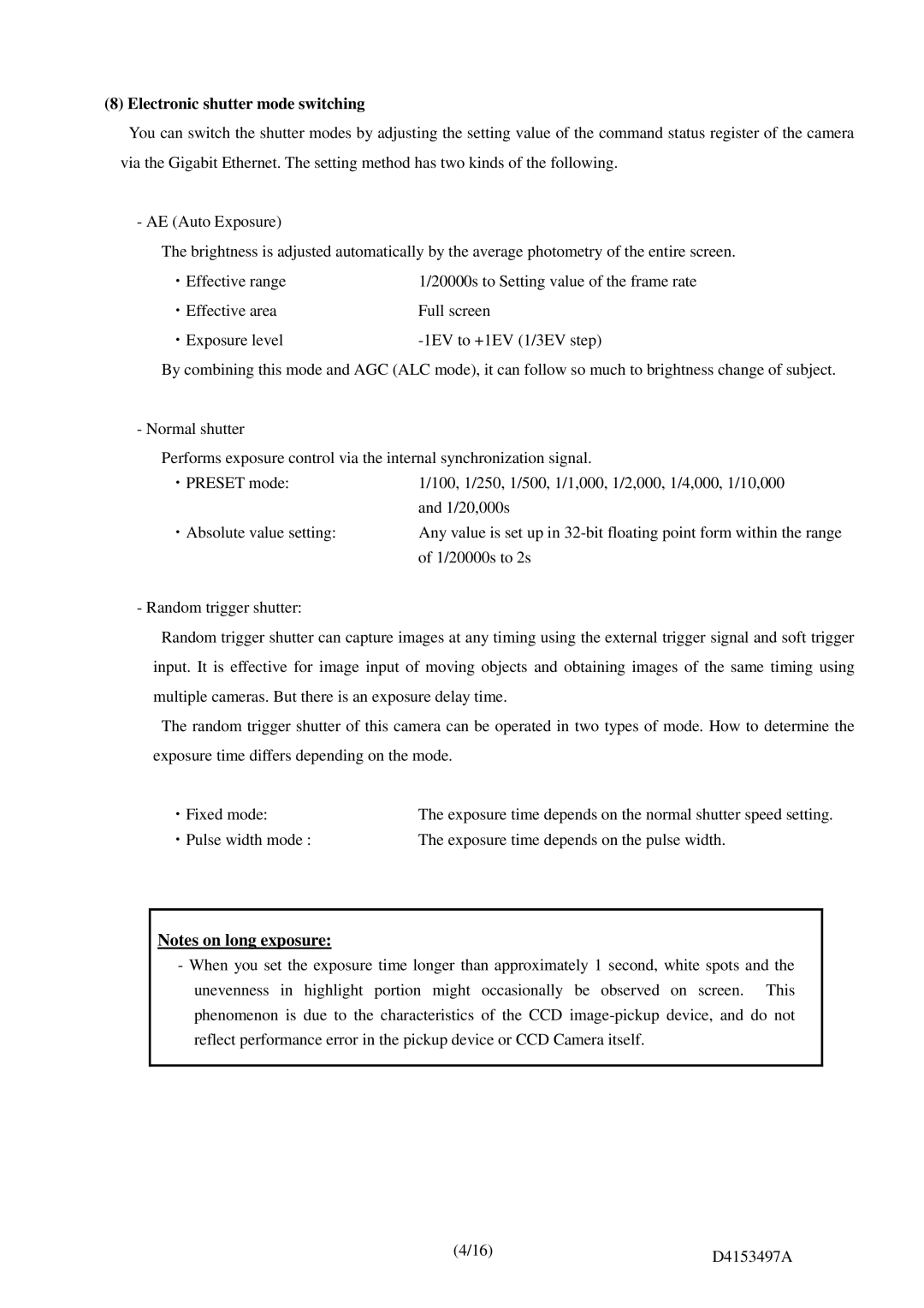 Toshiba CSGU15CC18, CSGX36CC3, CSGV90CC3, CSGS20CC2, CGSV90CC3 instruction manual Electronic shutter mode switching 