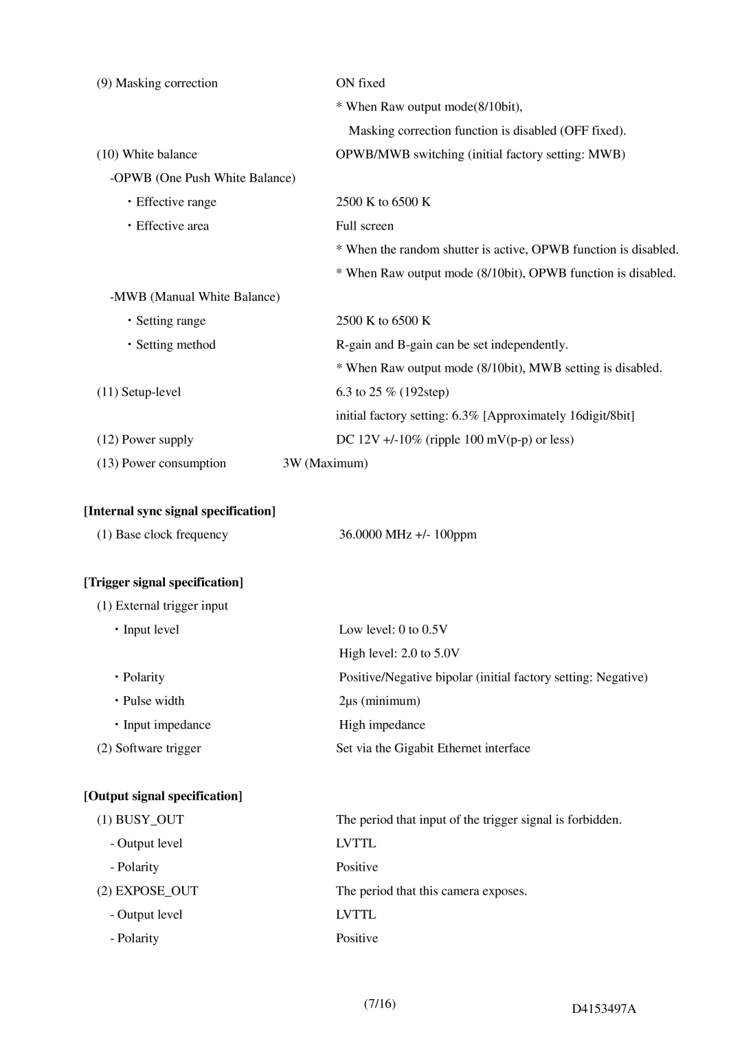 Toshiba CSGX36CC3, CSGV90CC3, CSGU15CC18, CSGS20CC2 Internal sync signal specification, Trigger signal specification 