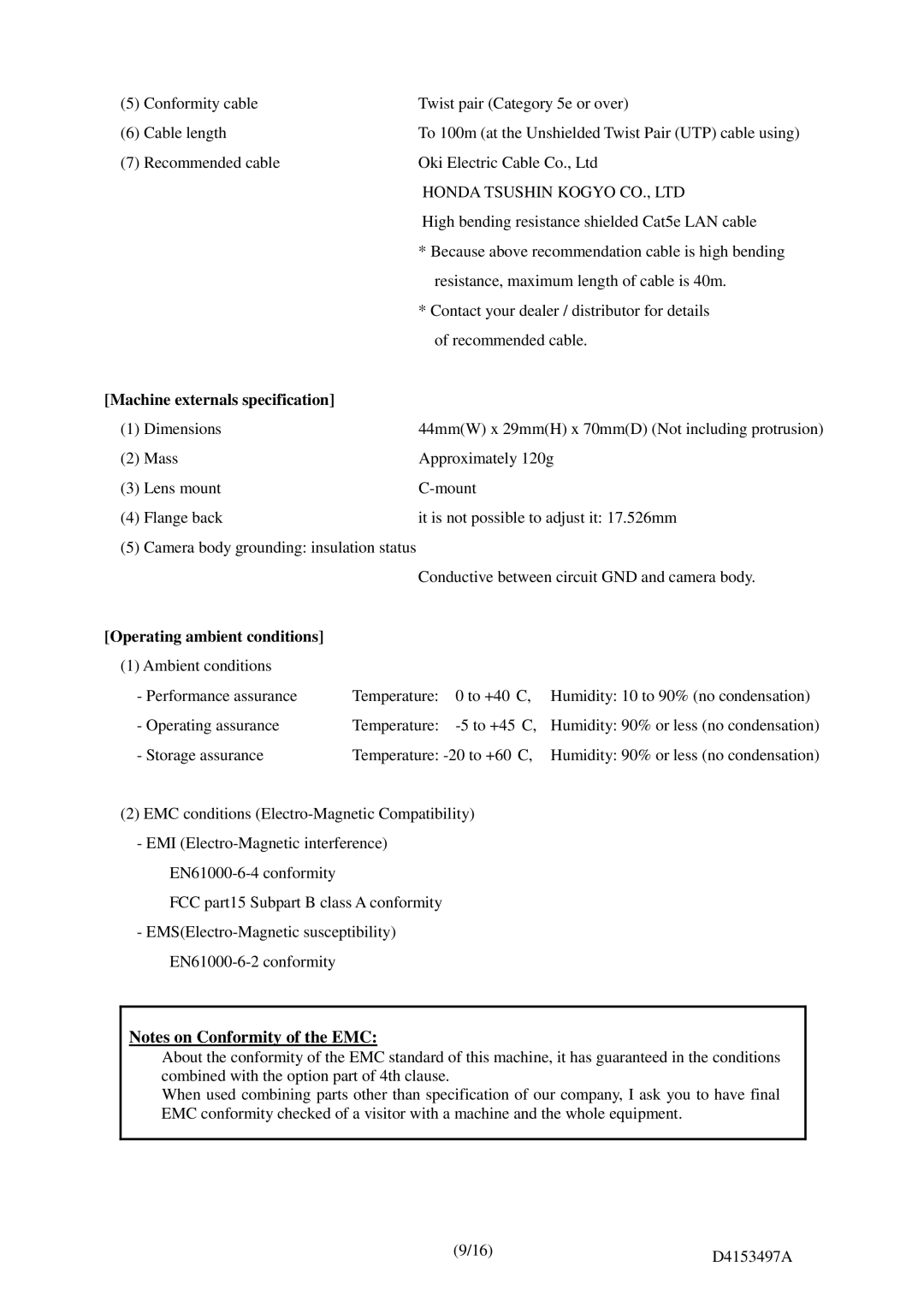 Toshiba CSGU15CC18, CSGX36CC3, CSGV90CC3, CSGS20CC2, CGSV90CC3 Machine externals specification, Operating ambient conditions 