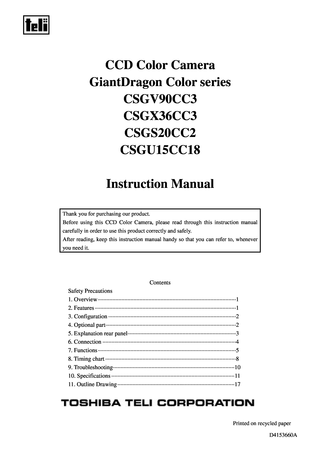 Toshiba CSGU15CC18, CSGS20CC2 instruction manual CCD Color Camera GiantDragon Color series CSGV90CC3 CSGX36CC3 