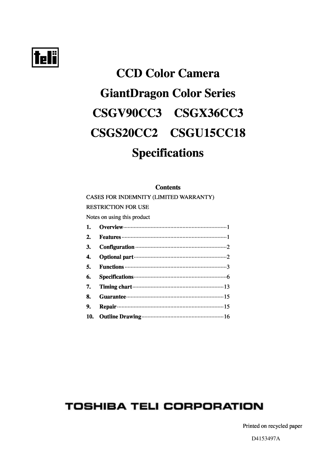 Toshiba CGSV90CC3, CSGU15CC18, CSGS20CC2 Contents, CCD Color Camera GiantDragon Color Series CSGV90CC3 CSGX36CC3 