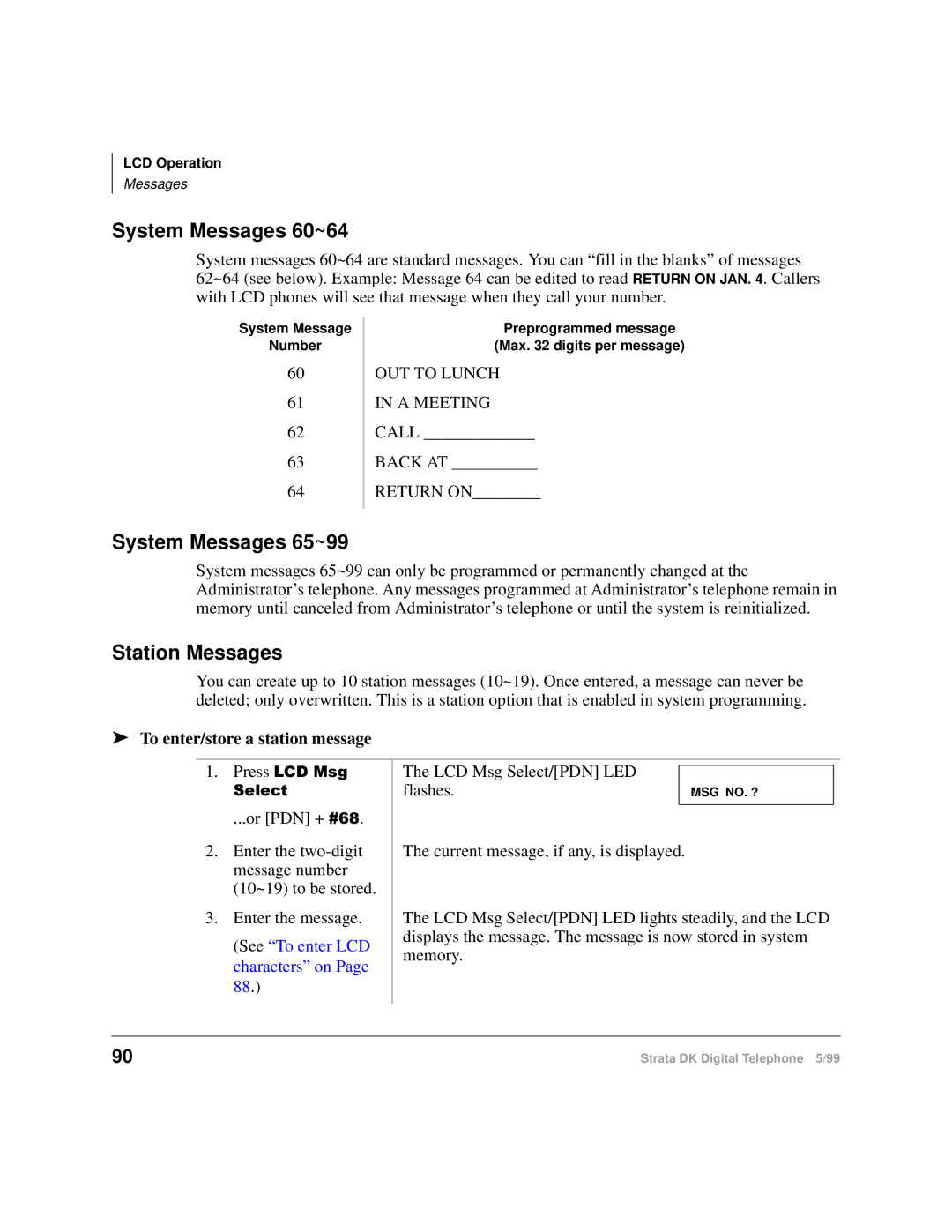 Toshiba CT manual System Messages 60~64, System Messages 65~99, Station Messages, To enter/store a station message 