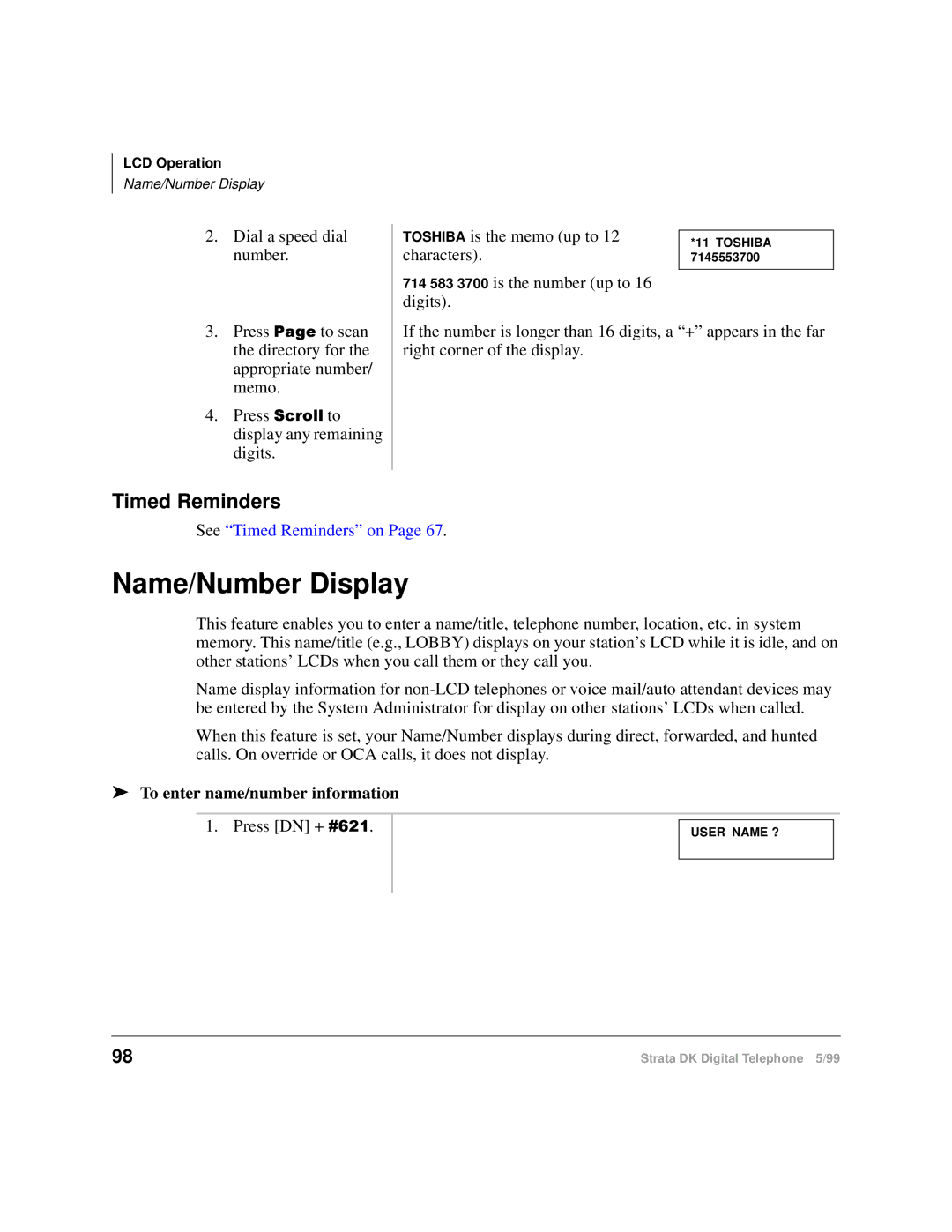 Toshiba CT manual Name/Number Display, Timed Reminders, To enter name/number information 