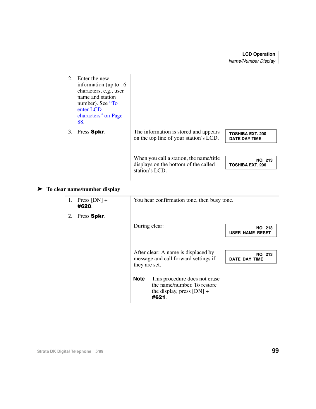 Toshiba CT manual To clear name/number display 