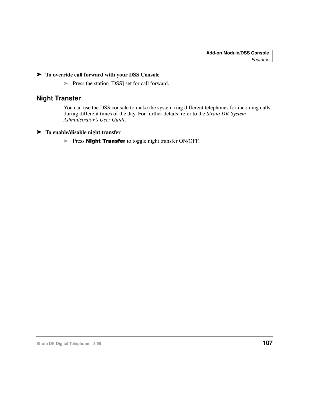 Toshiba CT manual Night Transfer, 107, To override call forward with your DSS Console, To enable/disable night transfer 