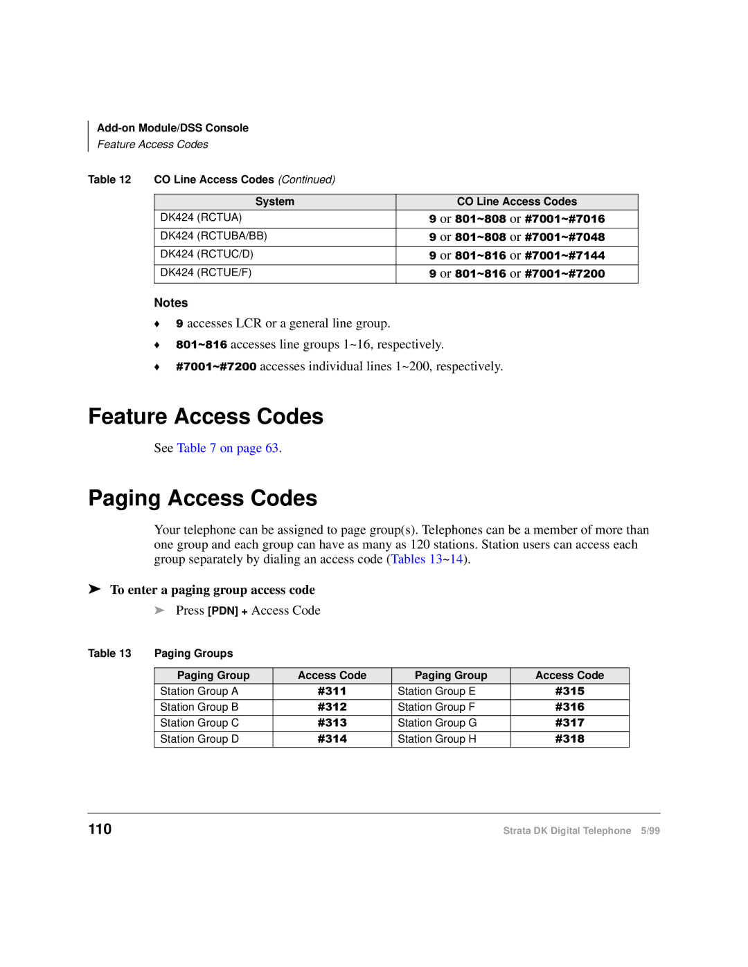 Toshiba CT manual Feature Access Codes, Paging Access Codes, To enter a paging group access code 