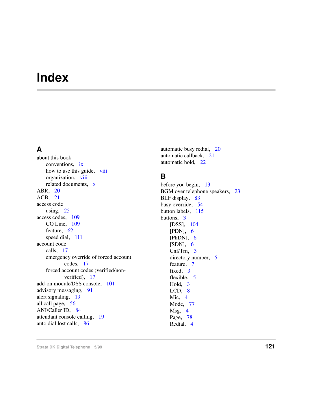 Toshiba CT manual Index, 121 