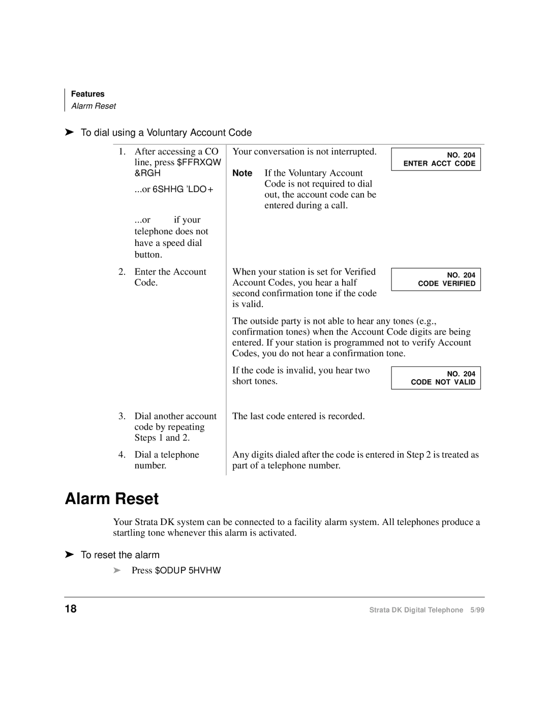 Toshiba CT manual Alarm Reset, To dial using a Voluntary Account Code, If the code is invalid, you hear two Short tones 