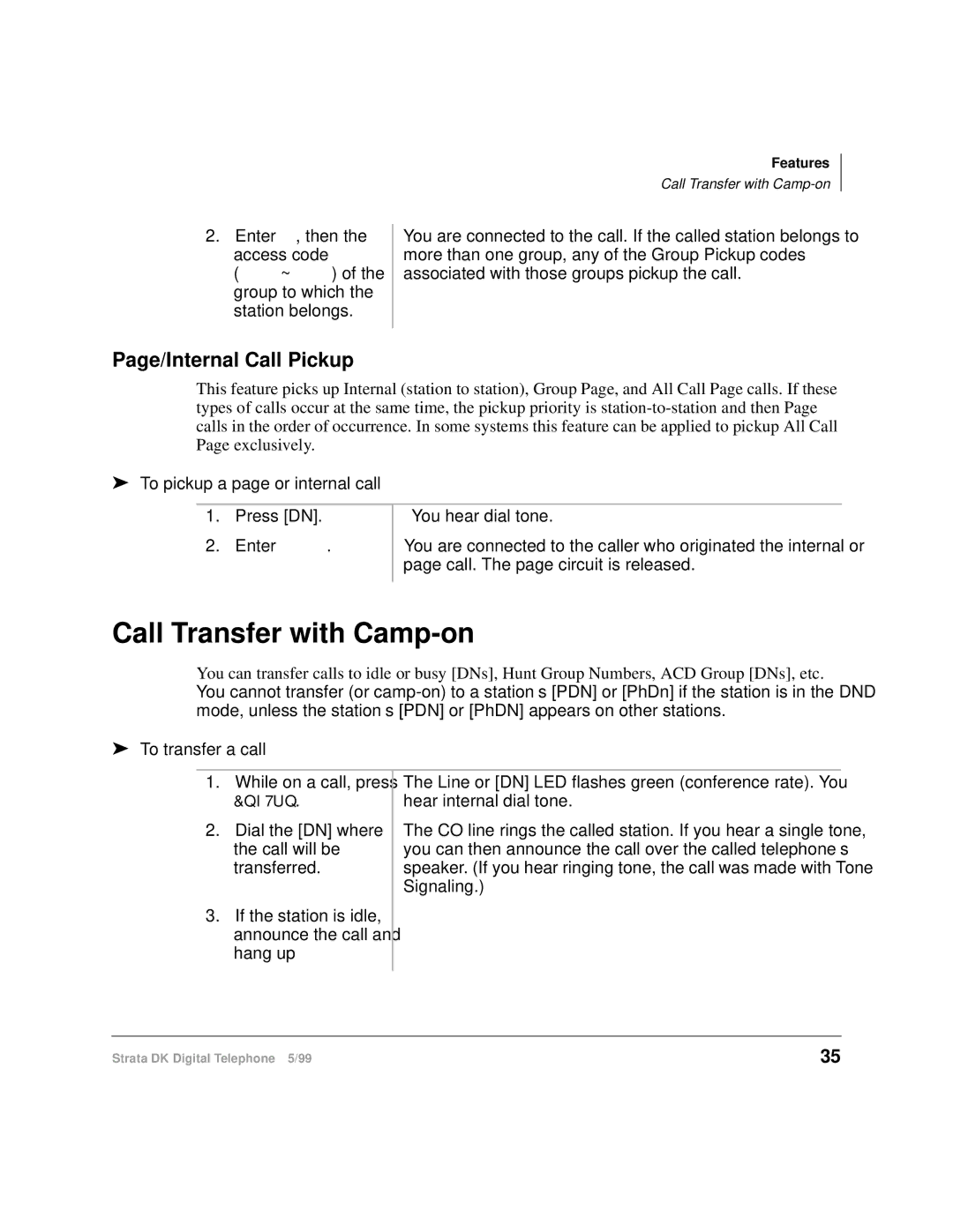 Toshiba CT Call Transfer with Camp-on, Page/Internal Call Pickup, To pickup a page or internal call, To transfer a call 