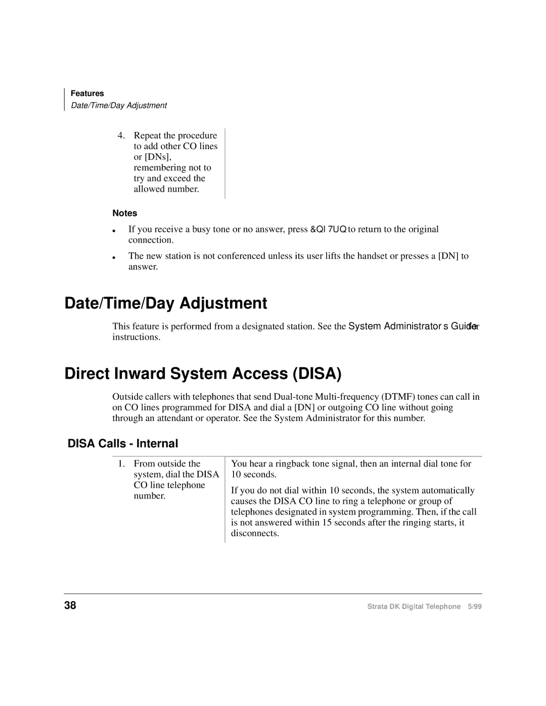 Toshiba CT manual Date/Time/Day Adjustment, Direct Inward System Access Disa, Disa Calls Internal 