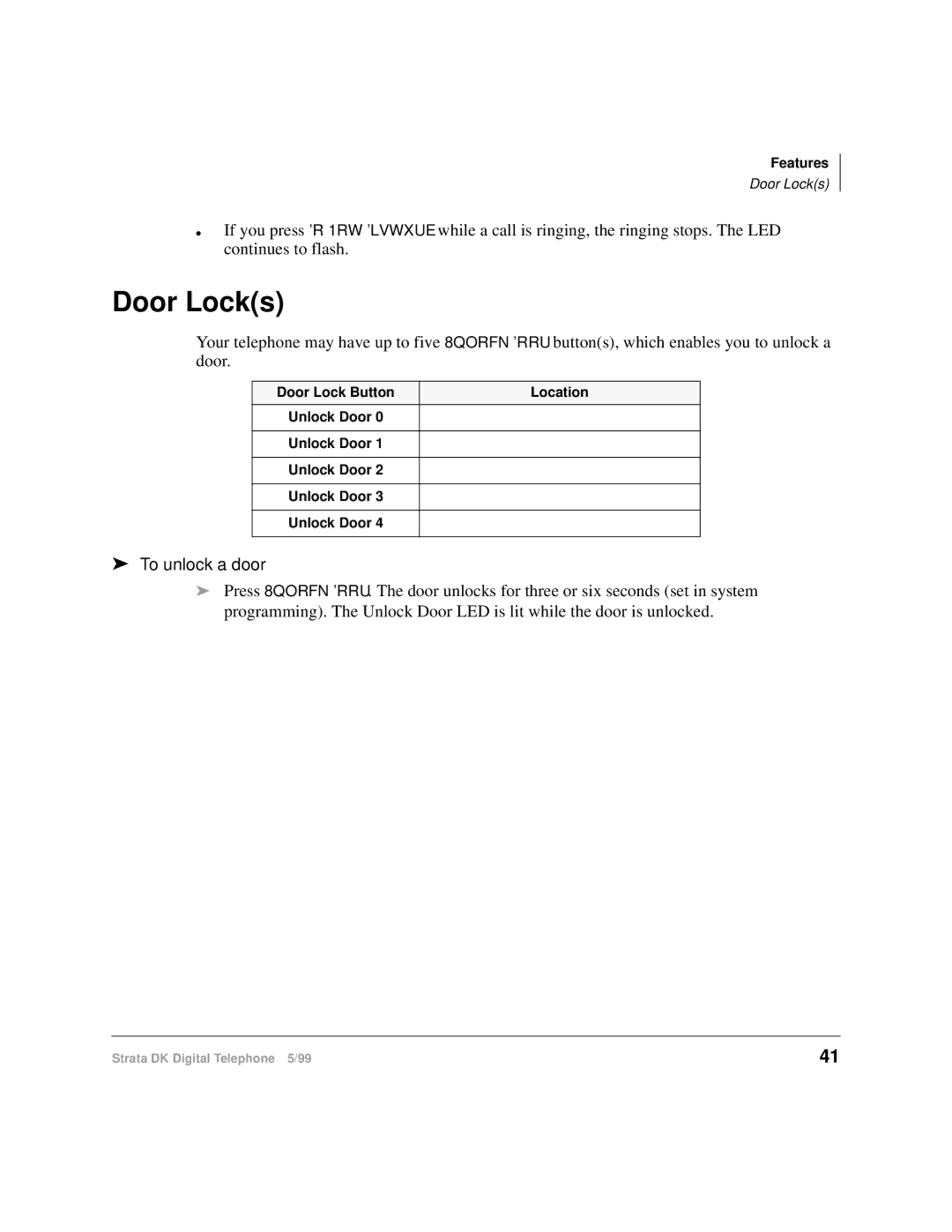 Toshiba CT manual Door Locks, To unlock a door 