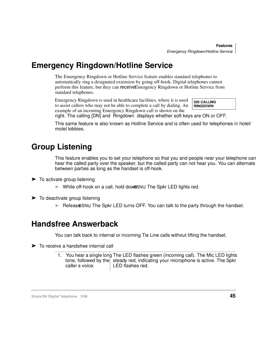 Toshiba CT manual Emergency Ringdown/Hotline Service, Group Listening, Handsfree Answerback 