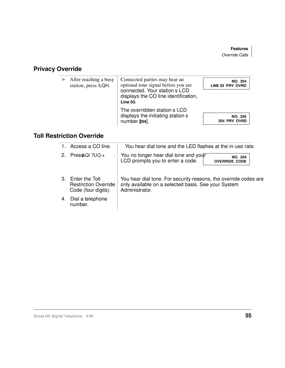 Toshiba CT manual Privacy Override, Toll Restriction Override 