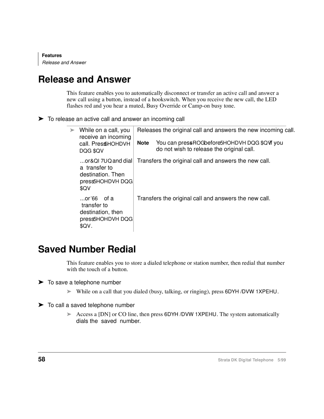 Toshiba CT manual Release and Answer, Saved Number Redial, To release an active call and answer an incoming call 