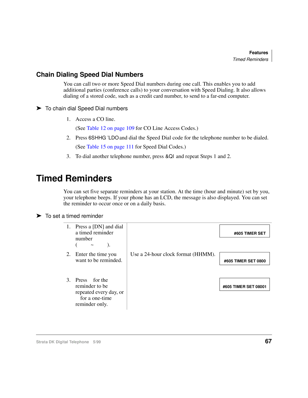 Toshiba CT Timed Reminders, Chain Dialing Speed Dial Numbers, To chain dial Speed Dial numbers, To set a timed reminder 