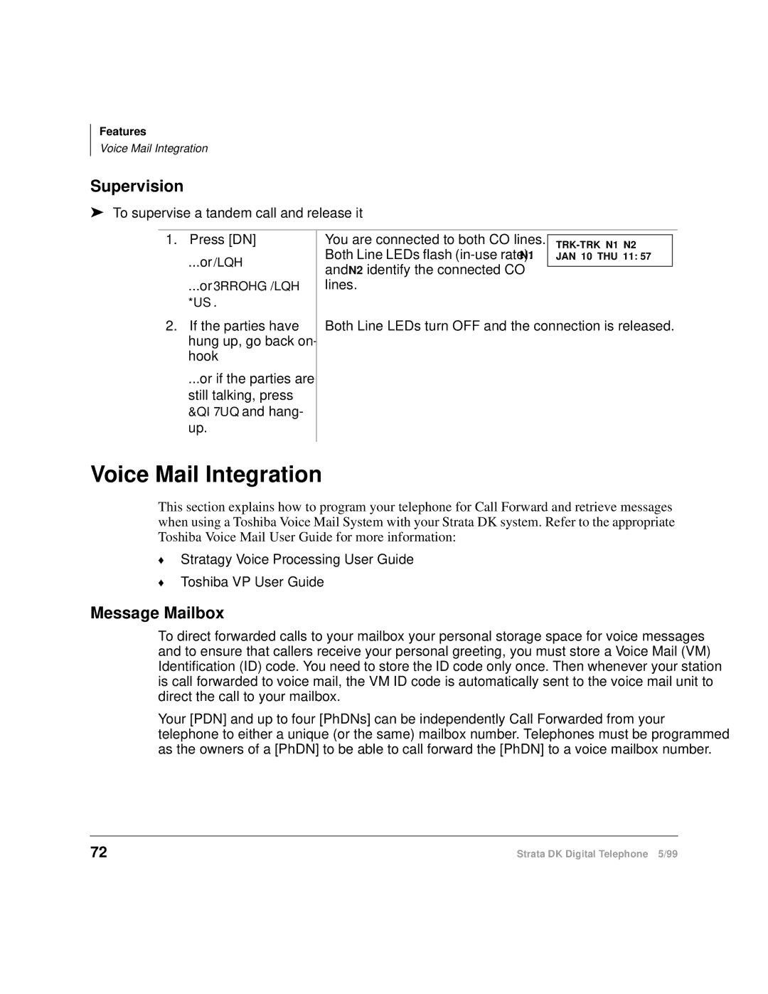 Toshiba CT manual Voice Mail Integration, Supervision, Message Mailbox, To supervise a tandem call and release it 