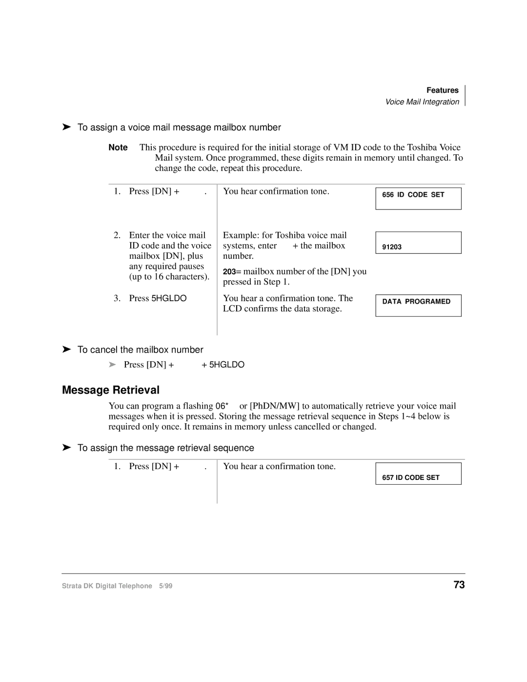 Toshiba CT manual Message Retrieval, To assign a voice mail message mailbox number, To cancel the mailbox number 