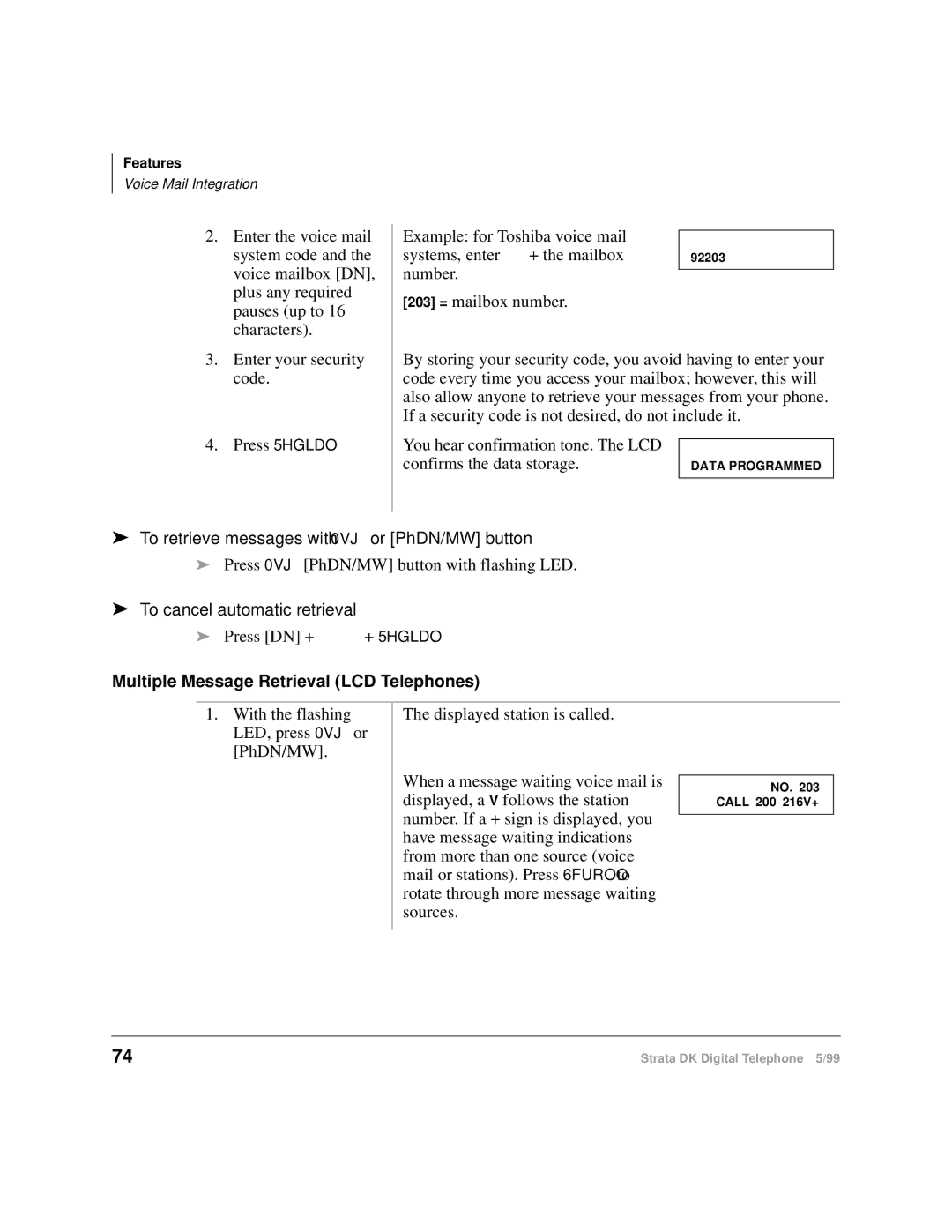 Toshiba CT manual To retrieve messages with 0VJ or PhDN/MW button, To cancel automatic retrieval 