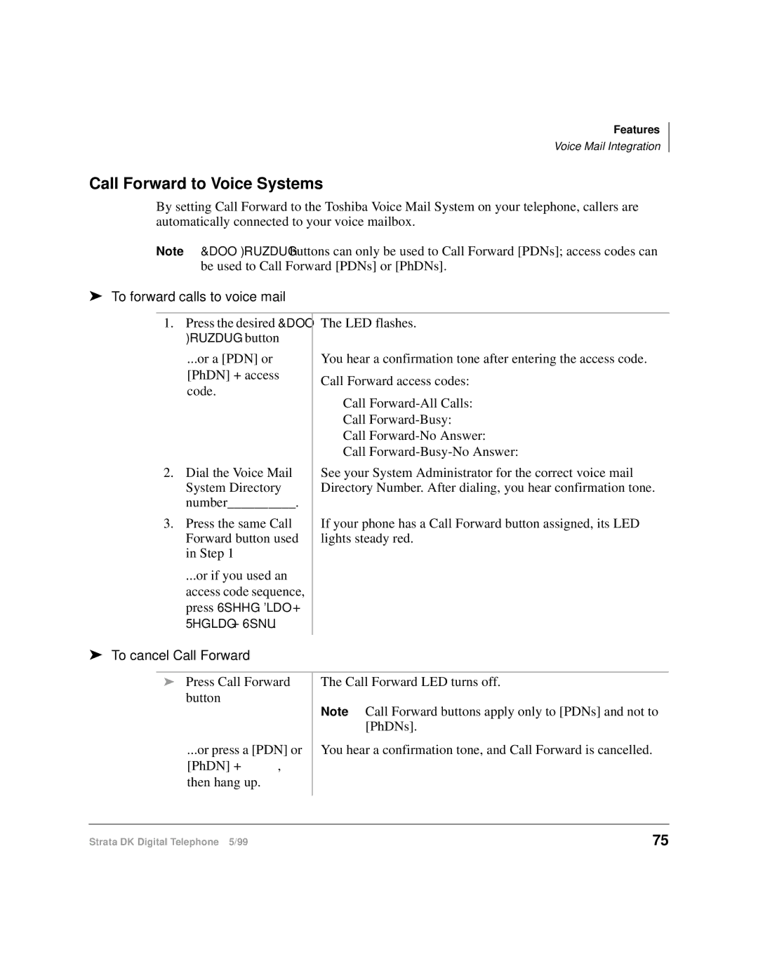 Toshiba CT manual Call Forward to Voice Systems, To forward calls to voice mail, To cancel Call Forward 