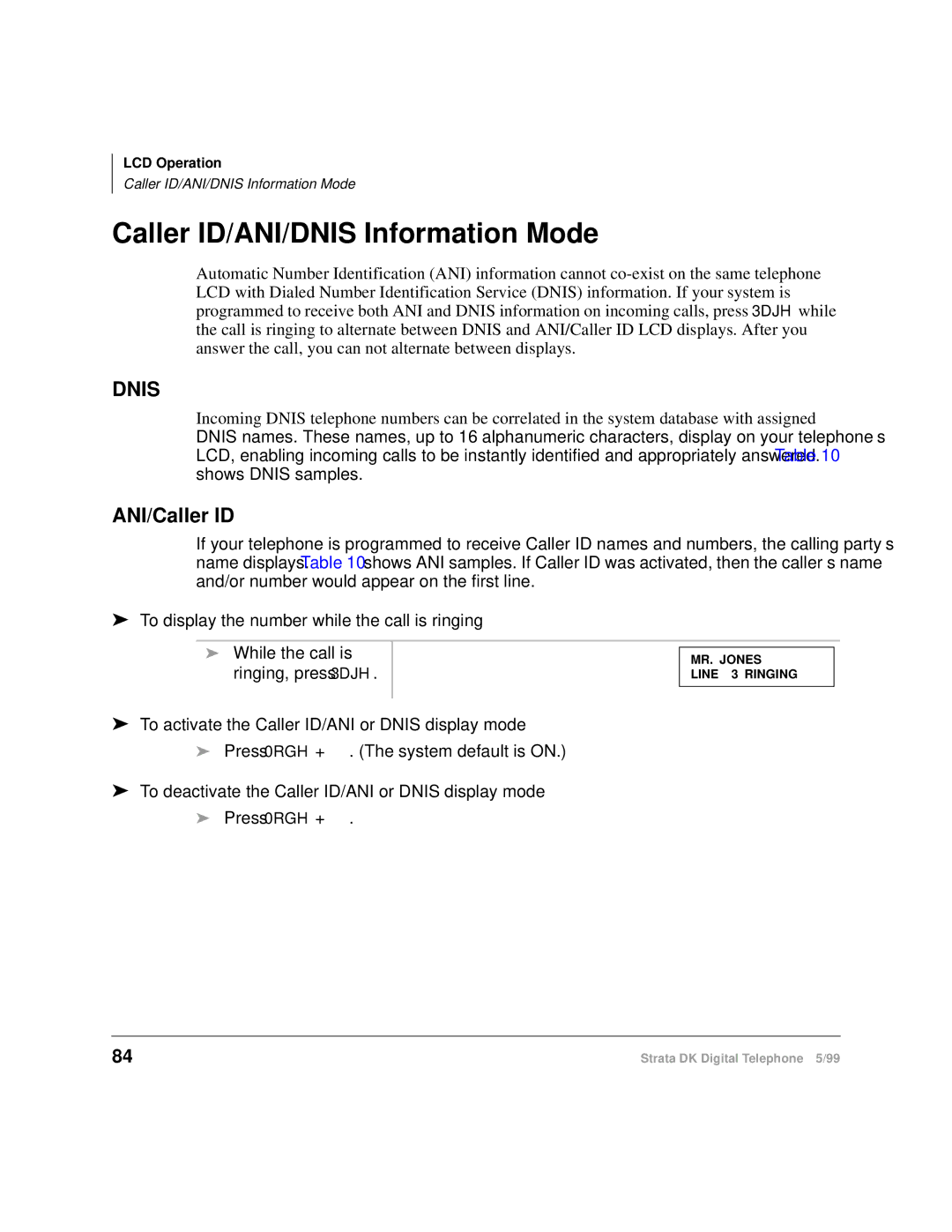 Toshiba CT manual Caller ID/ANI/DNIS Information Mode, ANI/Caller ID, To display the number while the call is ringing 