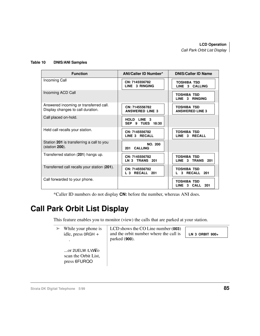 Toshiba CT manual Call Park Orbit List Display 