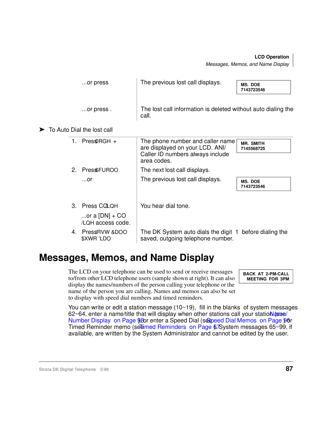 Toshiba CT manual Messages, Memos, and Name Display, To Auto Dial the lost call Previous lost call displays 