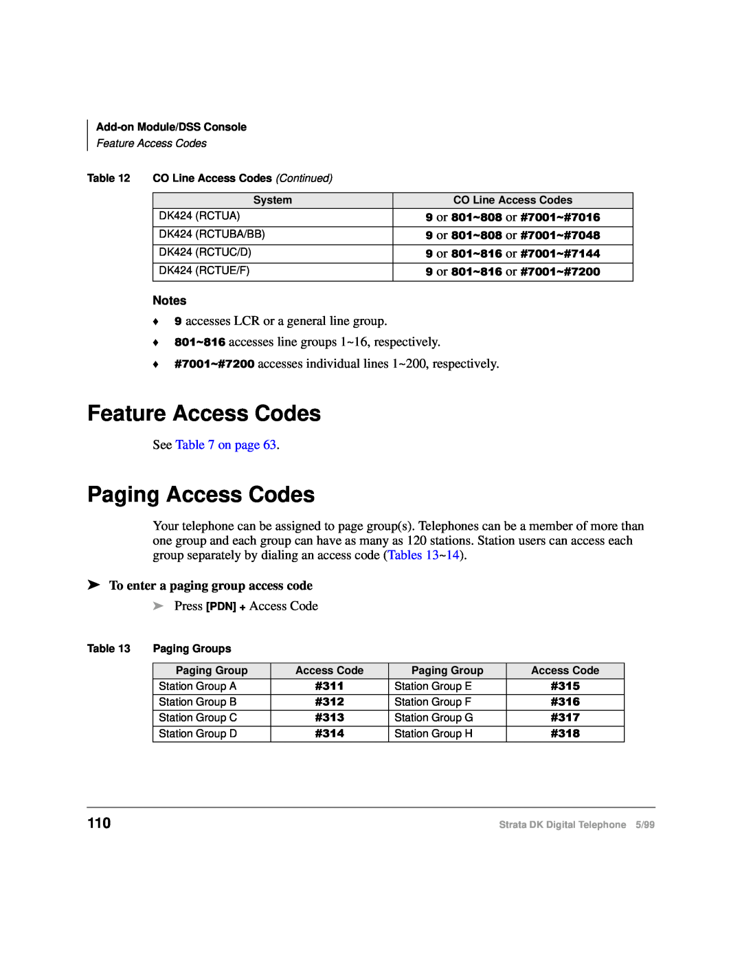 Toshiba CT manual Feature Access Codes, Paging Access Codes, To enter a paging group access code 