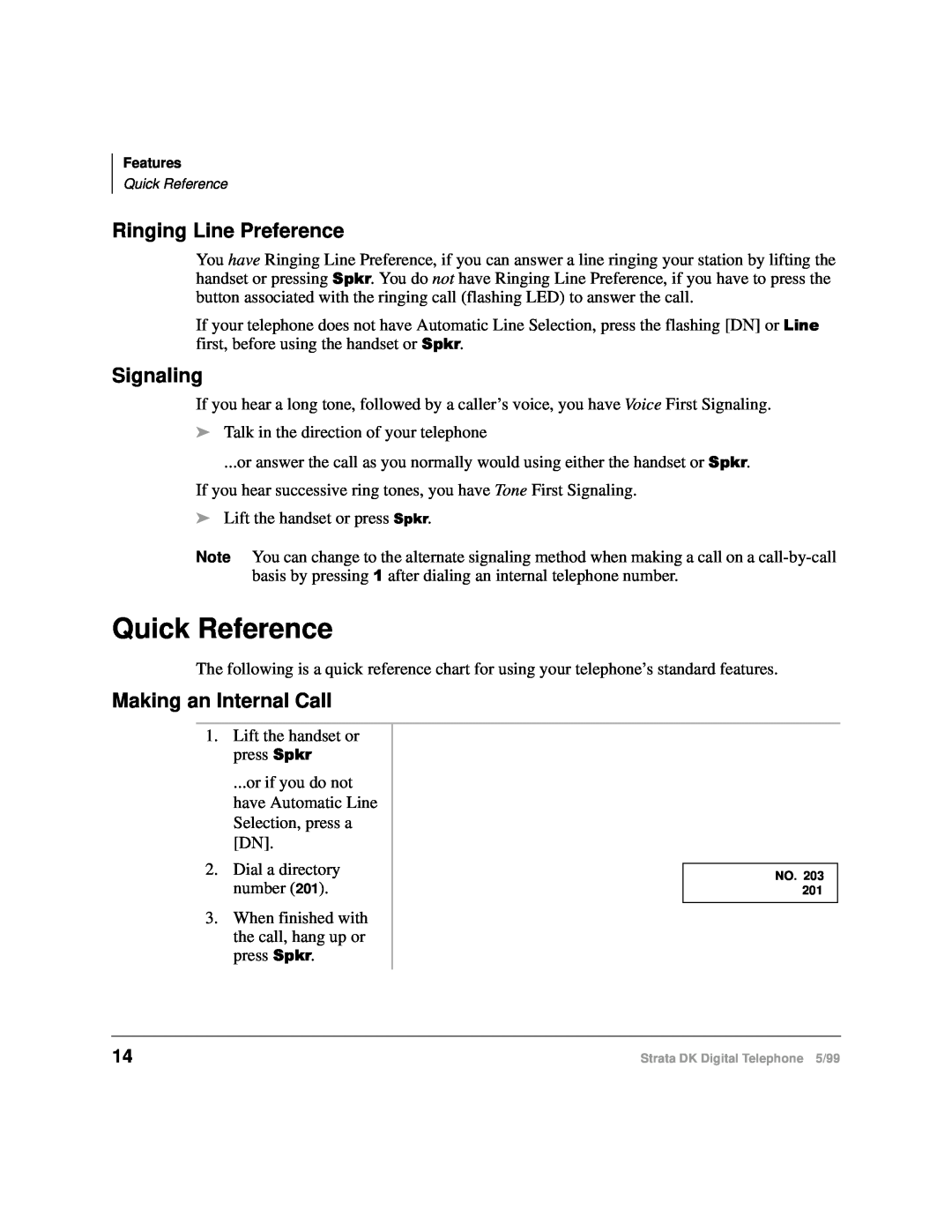 Toshiba CT manual Quick Reference, Ringing Line Preference, Signaling, Making an Internal Call 