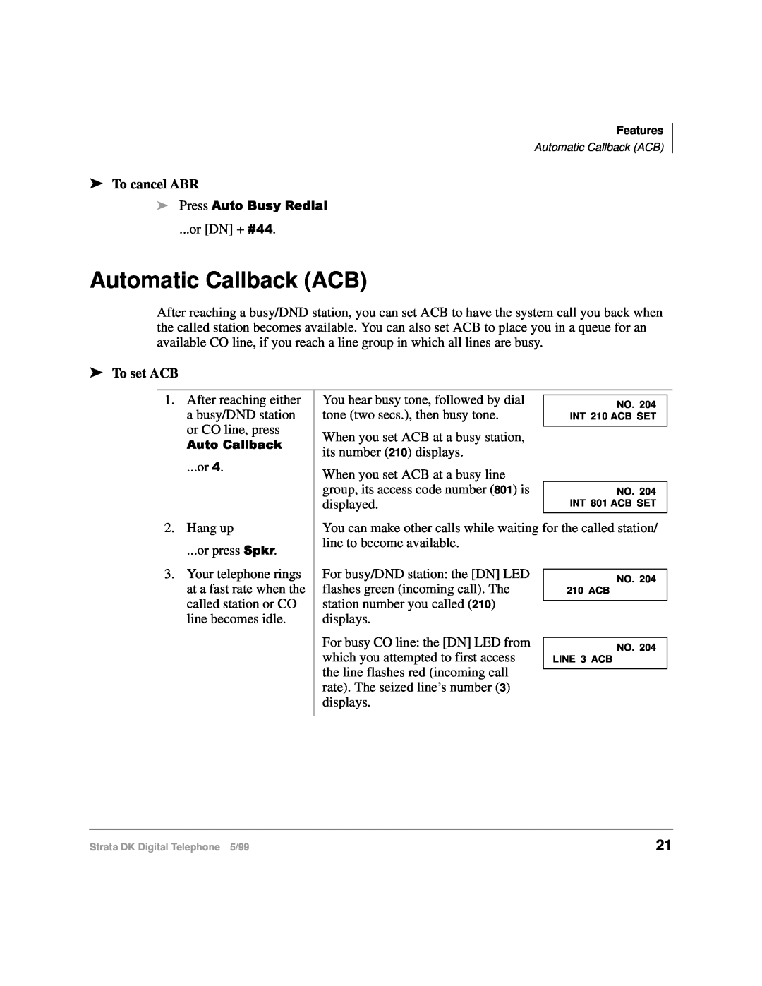 Toshiba CT manual Automatic Callback ACB, To cancel ABR, To set ACB 