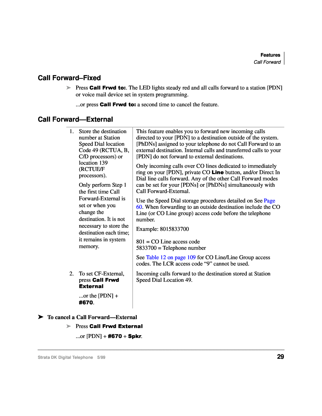 Toshiba CT manual Call Forward-Fixed, To cancel a Call Forward-External 