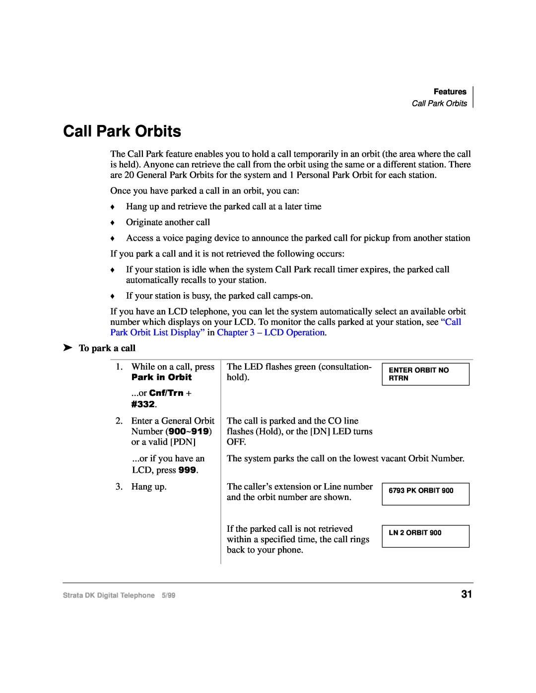 Toshiba CT manual Call Park Orbits, To park a call 