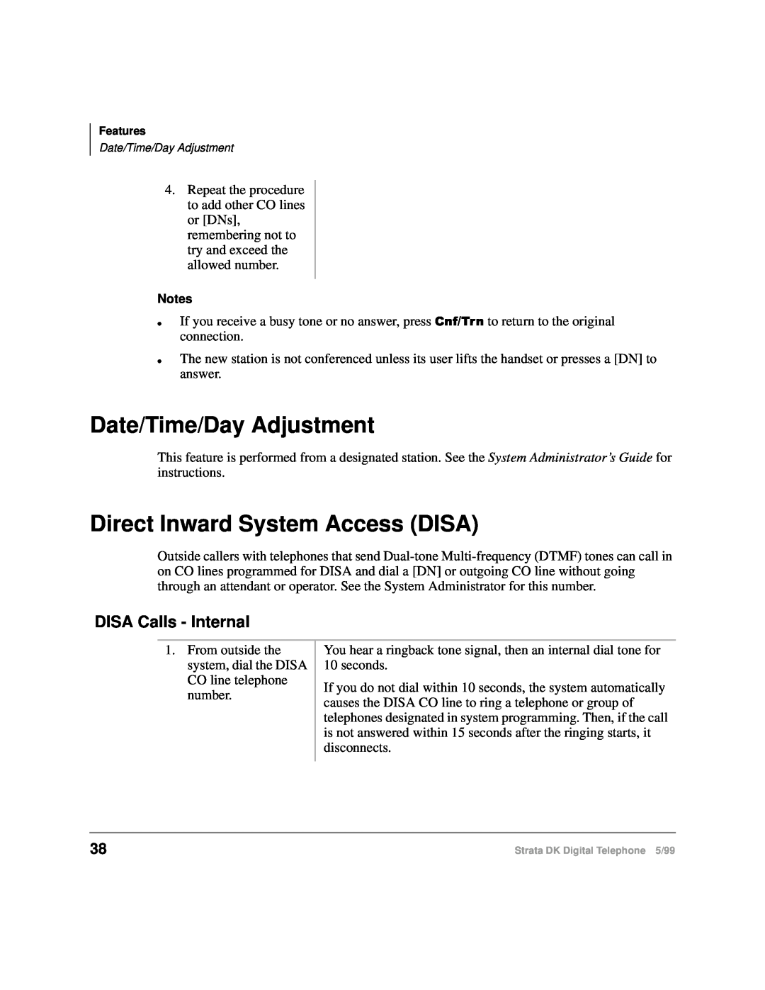 Toshiba CT manual Date/Time/Day Adjustment, Direct Inward System Access DISA, DISA Calls - Internal 