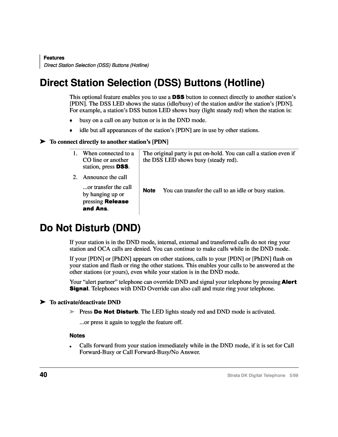 Toshiba CT Direct Station Selection DSS Buttons Hotline, Do Not Disturb DND, To connect directly to another station’s PDN 