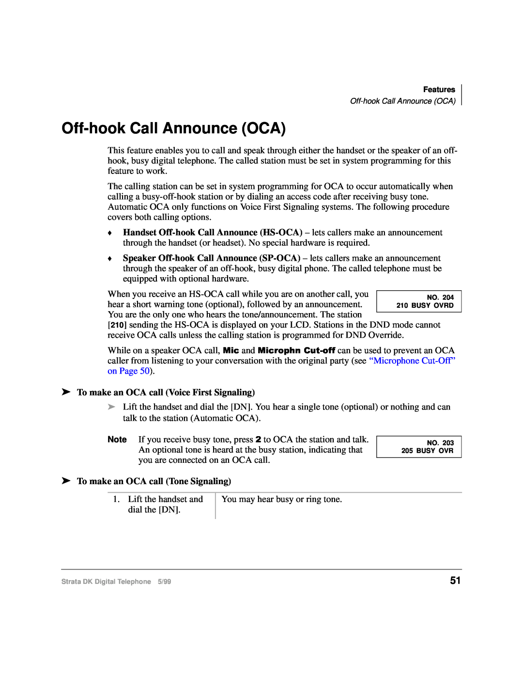 Toshiba CT manual Off-hook Call Announce OCA, To make an OCA call Voice First Signaling, To make an OCA call Tone Signaling 