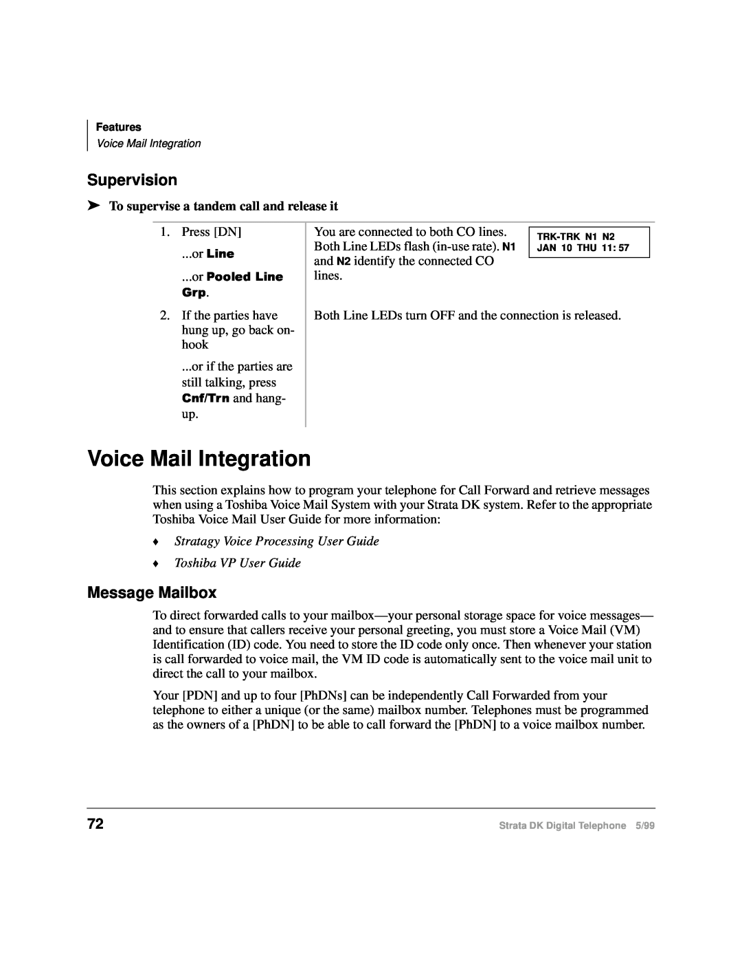 Toshiba CT manual Voice Mail Integration, Supervision, Message Mailbox, To supervise a tandem call and release it 