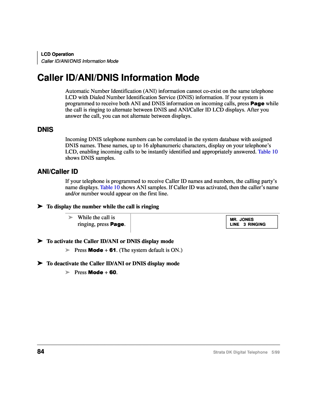 Toshiba CT manual Caller ID/ANI/DNIS Information Mode, Dnis, ANI/Caller ID, To display the number while the call is ringing 