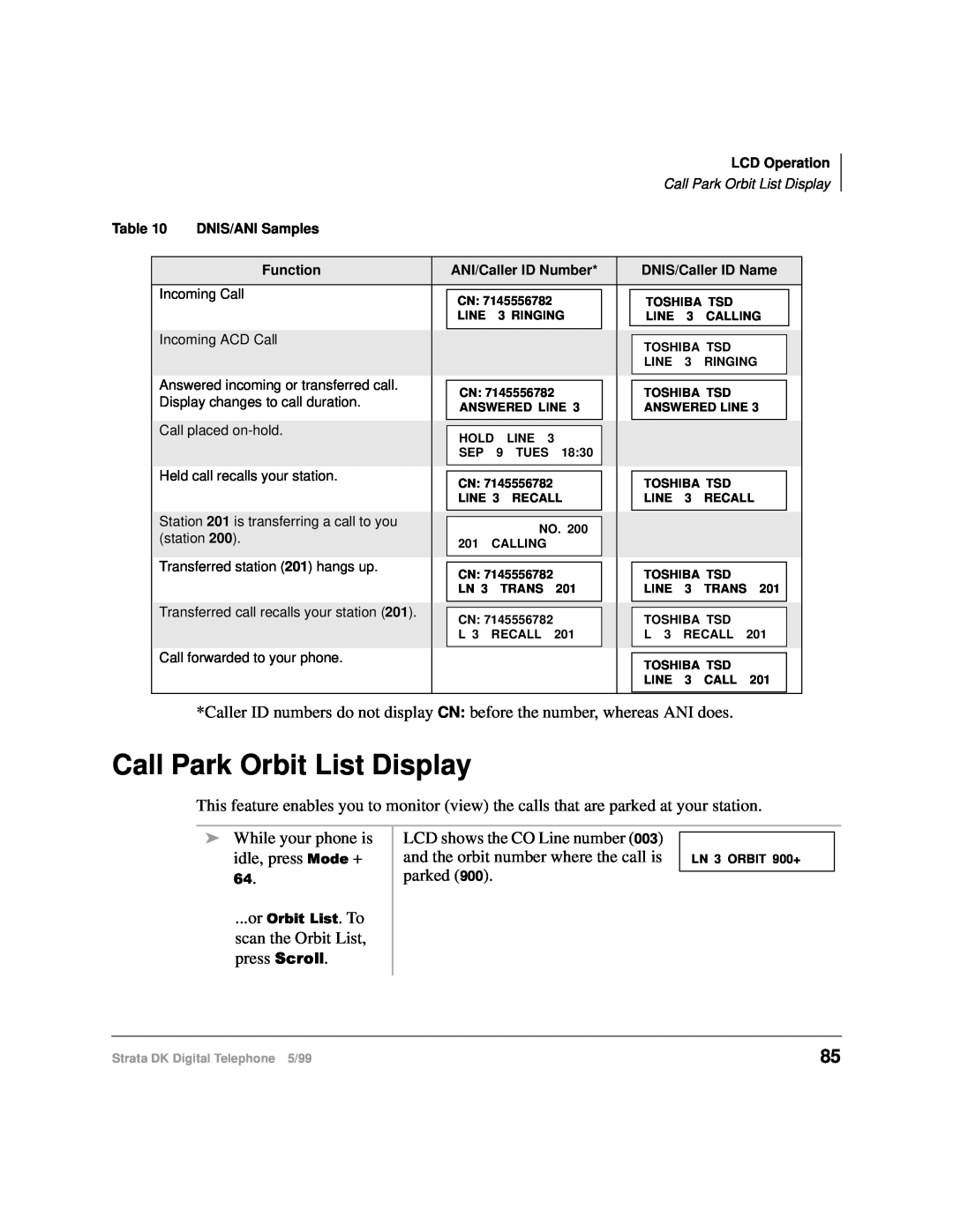 Toshiba CT manual Call Park Orbit List Display 