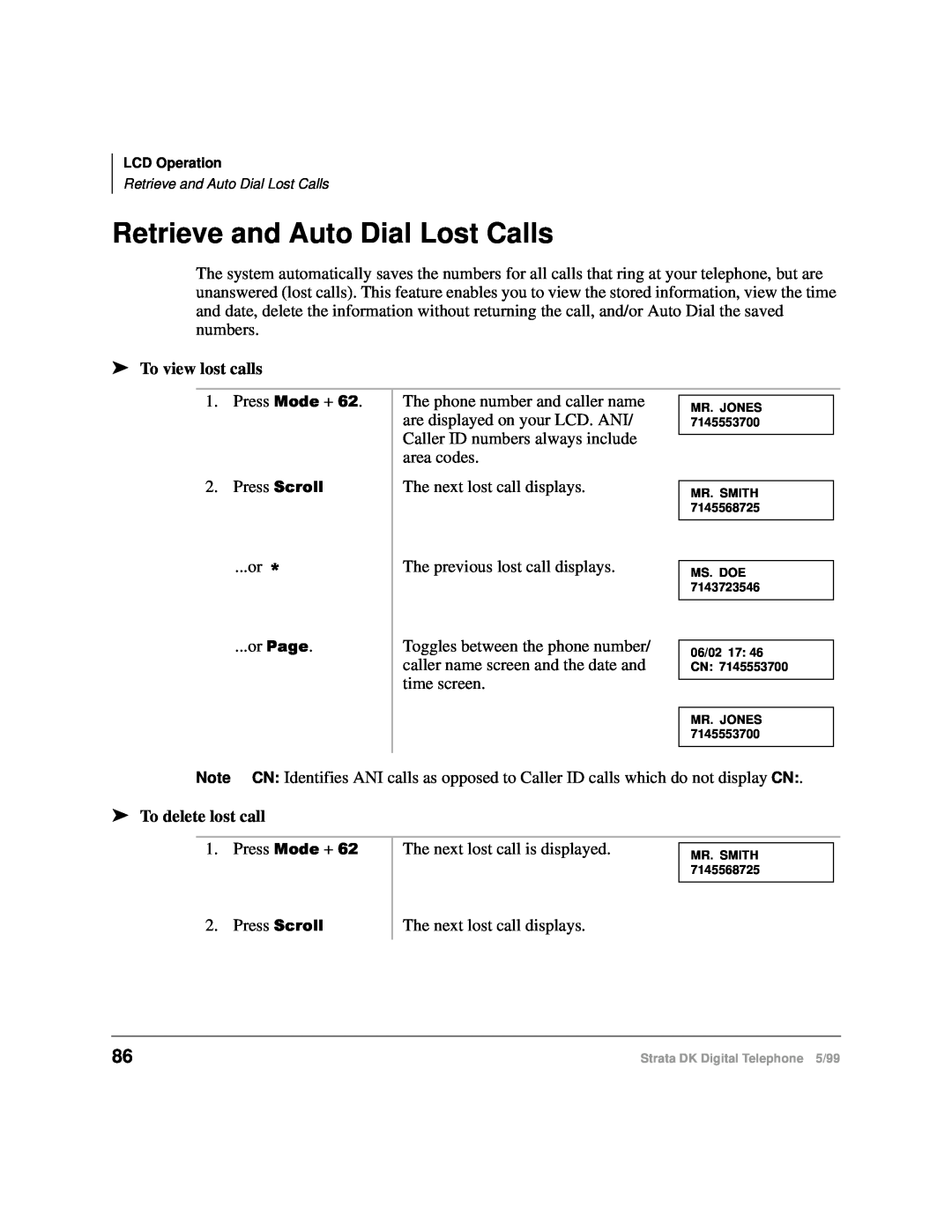 Toshiba CT manual Retrieve and Auto Dial Lost Calls, To view lost calls, To delete lost call 
