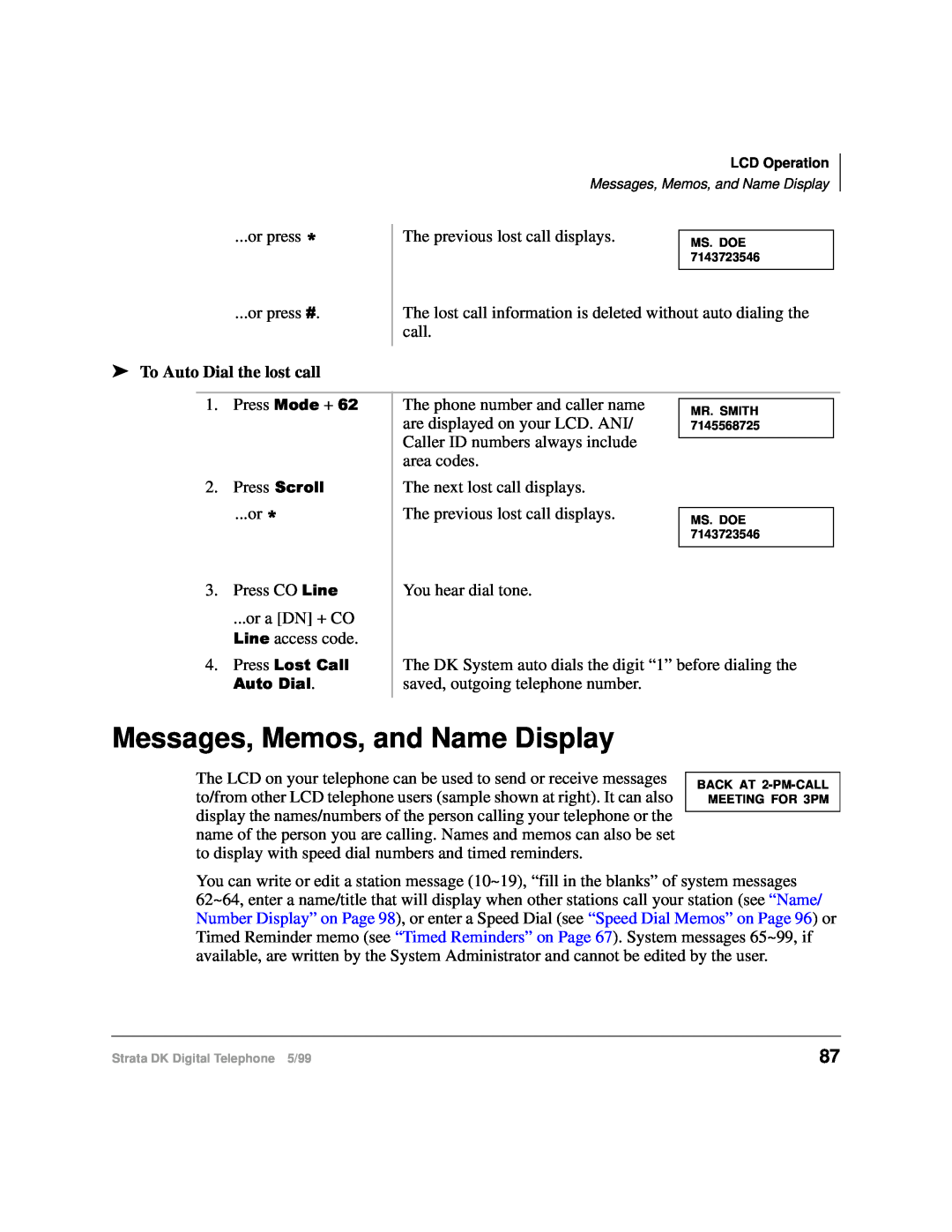 Toshiba CT manual Messages, Memos, and Name Display, To Auto Dial the lost call, The previous lost call displays 