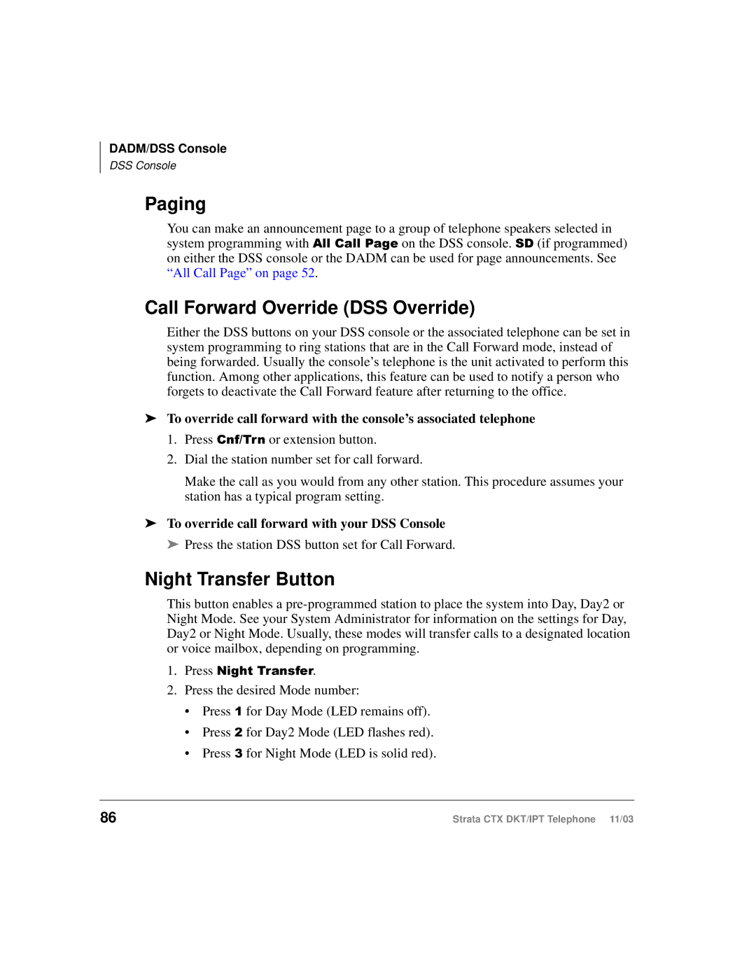 Toshiba CTX manual Paging, Call Forward Override DSS Override, Night Transfer Button 