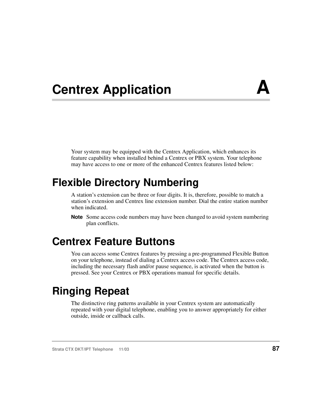 Toshiba CTX manual Centrex Application, Flexible Directory Numbering, Centrex Feature Buttons, Ringing Repeat 