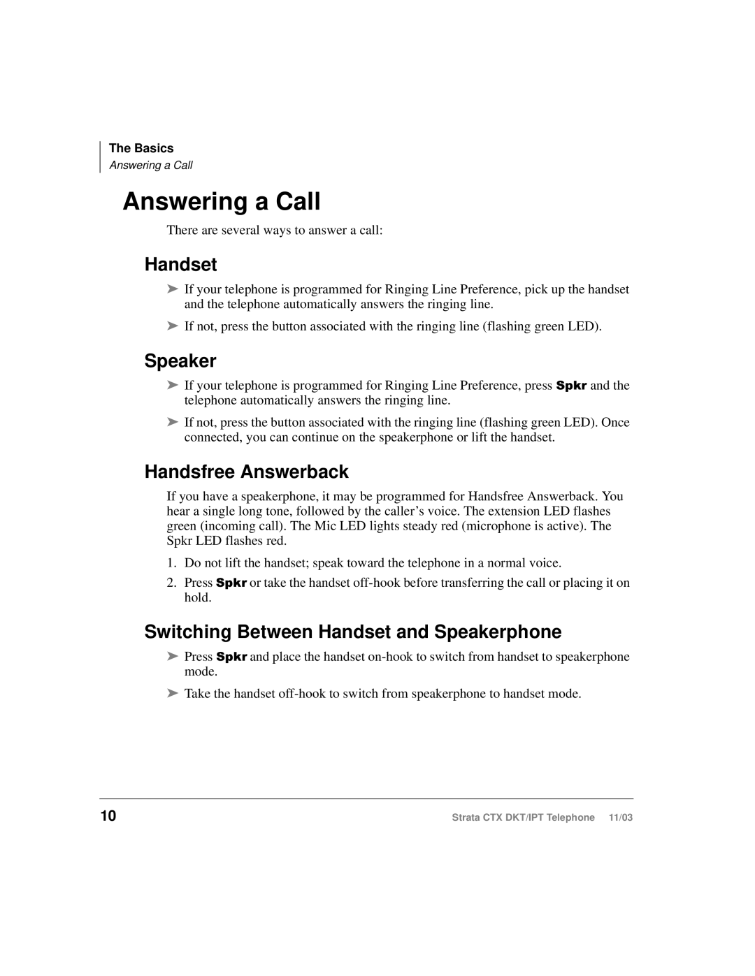 Toshiba CTX manual Answering a Call, Handsfree Answerback, Switching Between Handset and Speakerphone 