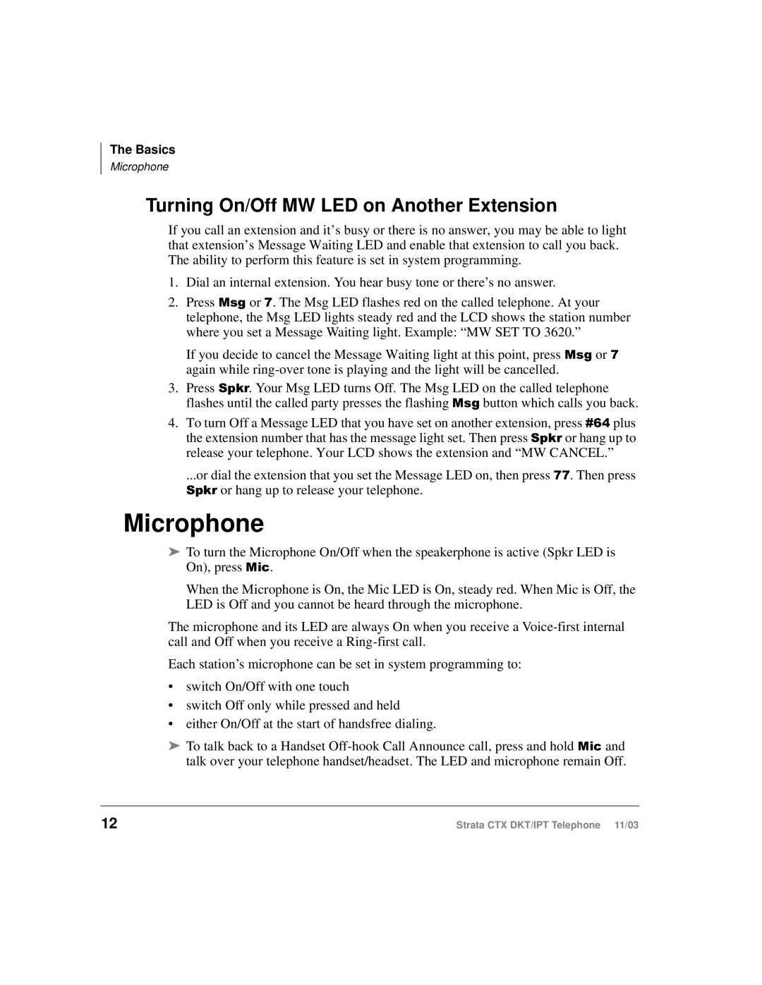 Toshiba CTX manual Microphone, Turning On/Off MW LED on Another Extension 