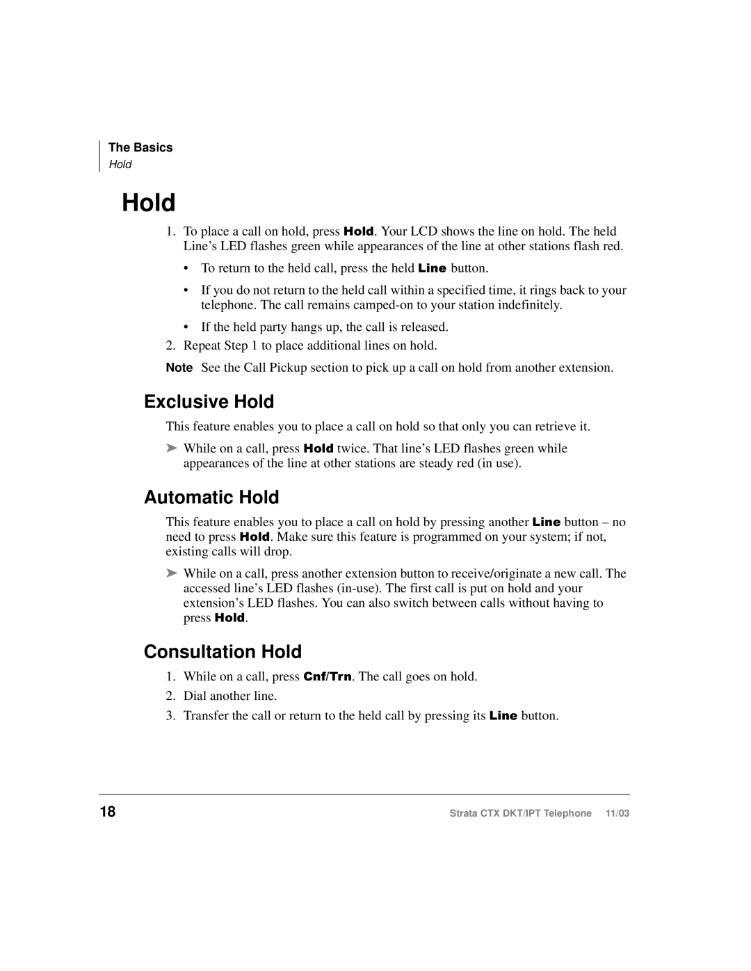 Toshiba CTX manual Exclusive Hold, Automatic Hold, Consultation Hold 