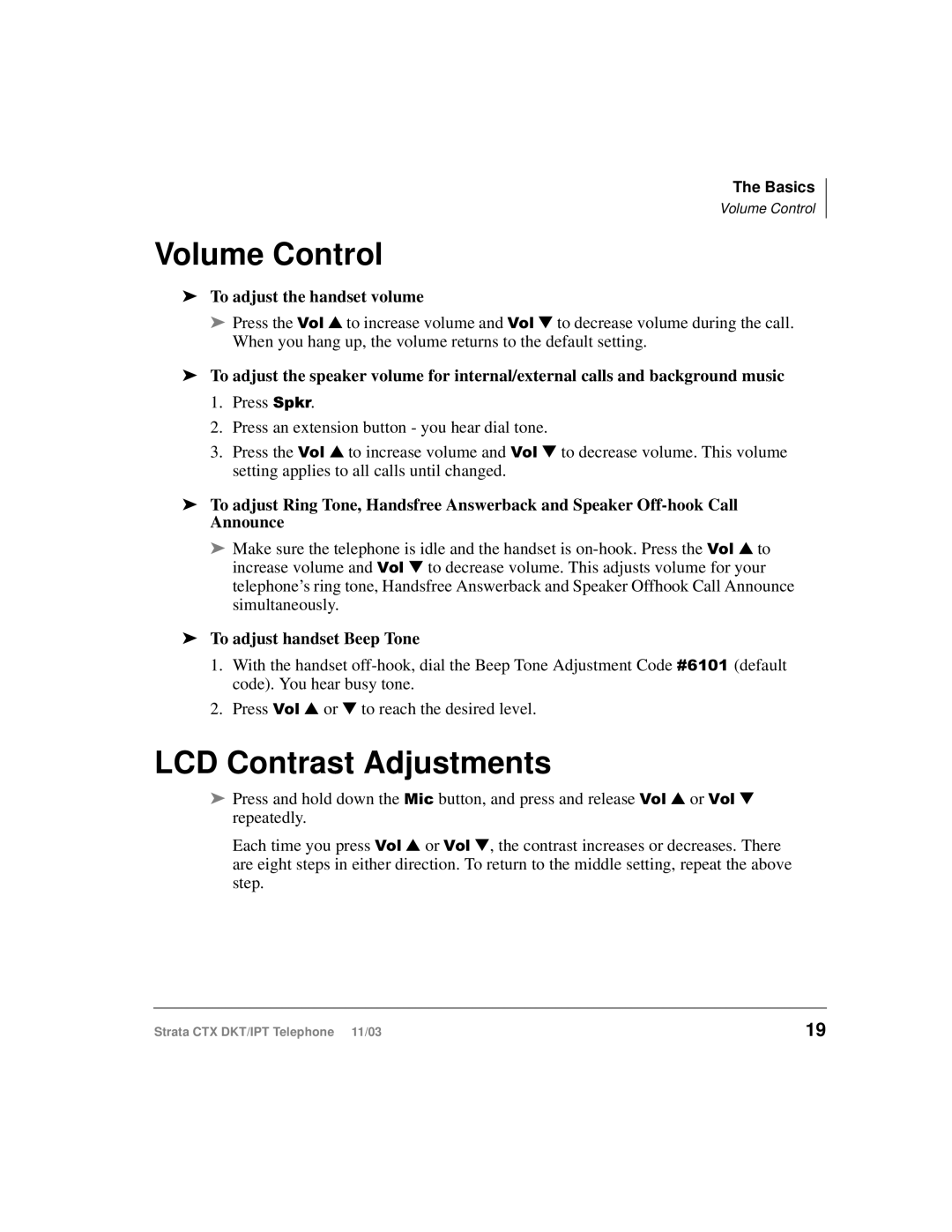 Toshiba CTX manual Volume Control, LCD Contrast Adjustments, To adjust the handset volume, To adjust handset Beep Tone 