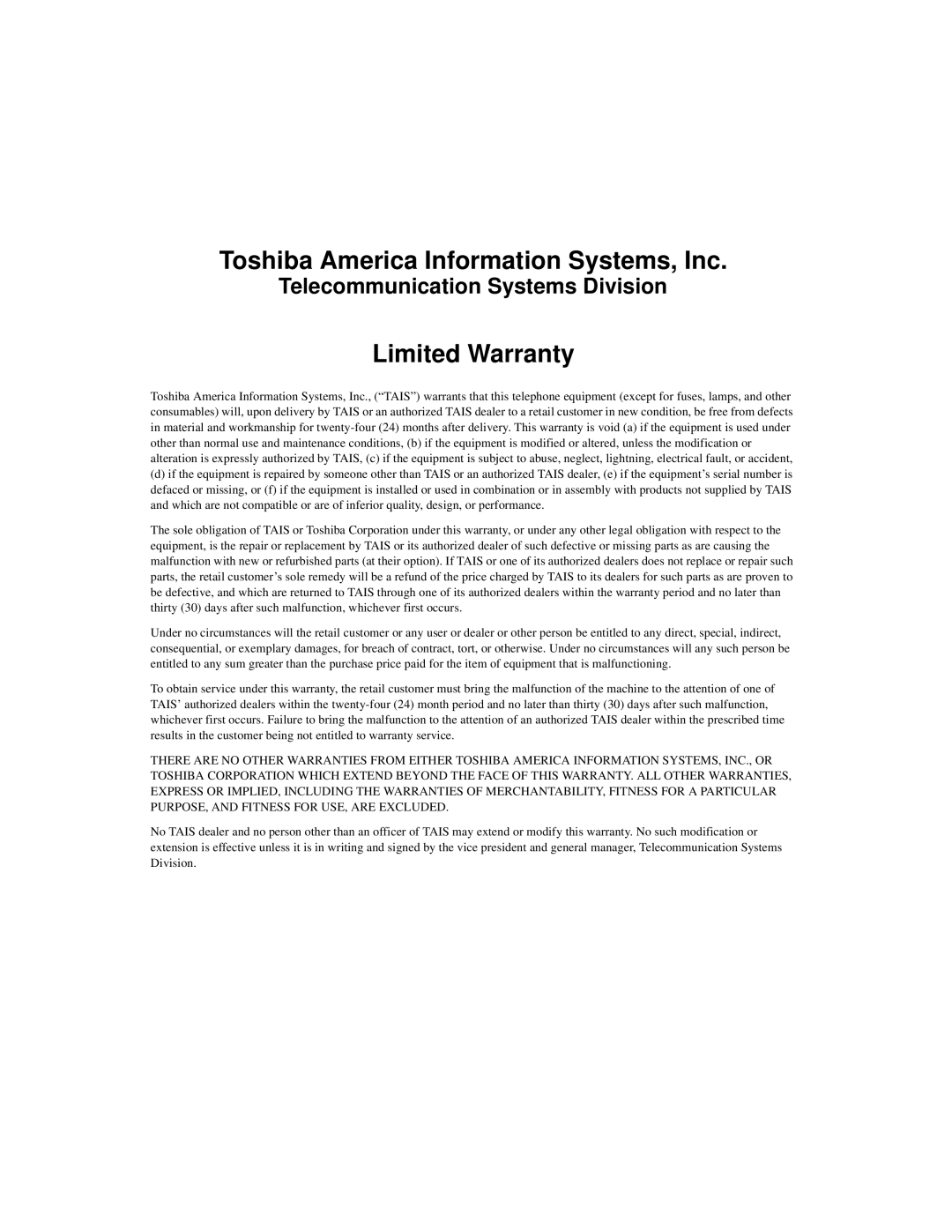 Toshiba CTX manual Toshiba America Information Systems, Inc 