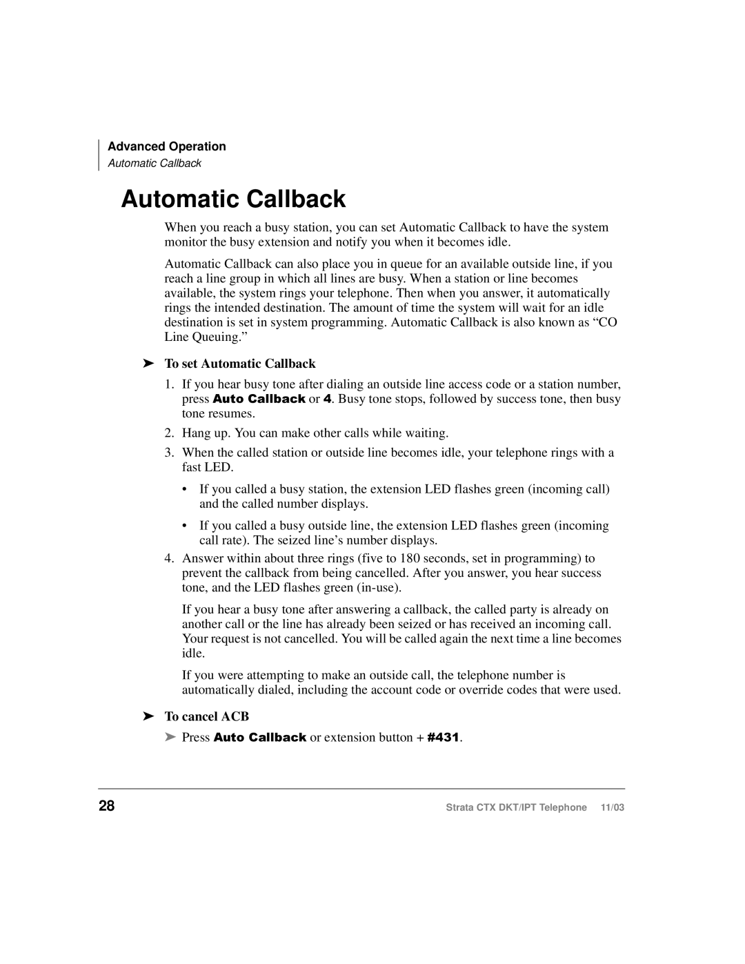 Toshiba CTX manual To set Automatic Callback, To cancel ACB 