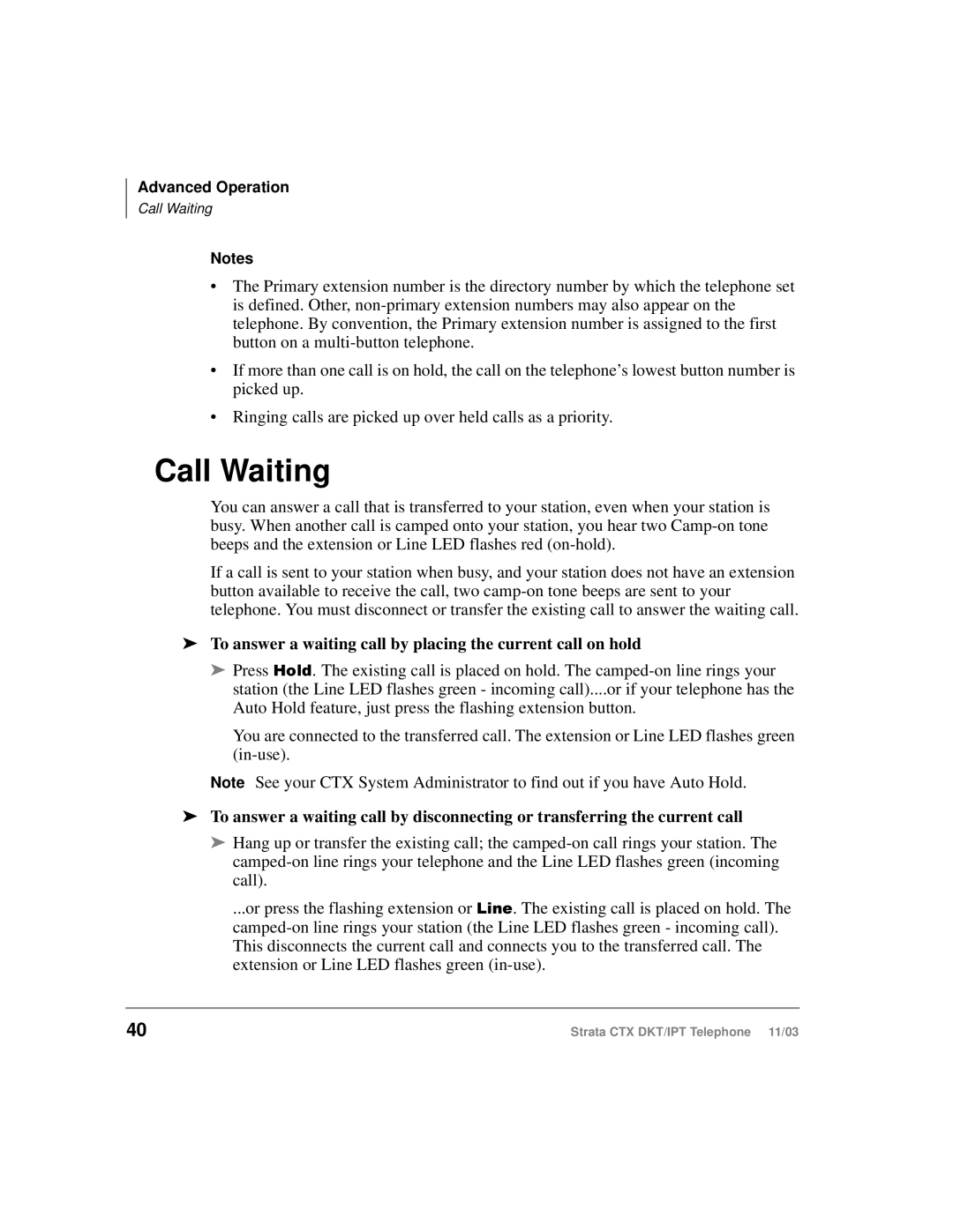 Toshiba CTX manual Call Waiting, To answer a waiting call by placing the current call on hold 